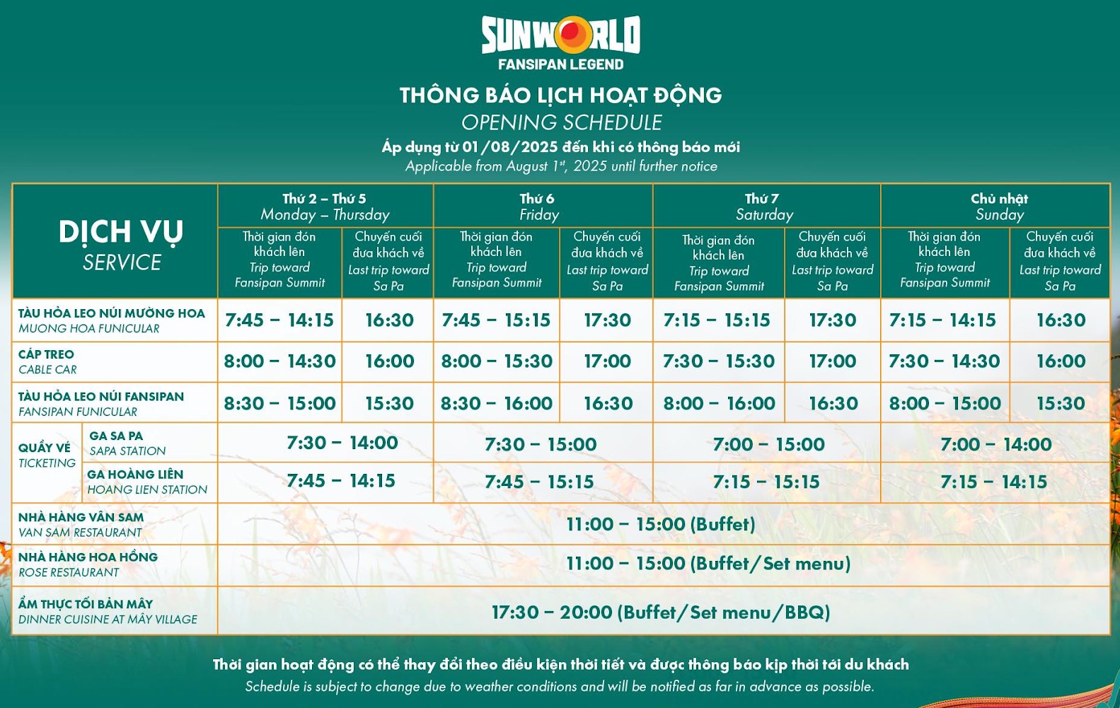 Lịch hoạt động cáp treo đi fansipan